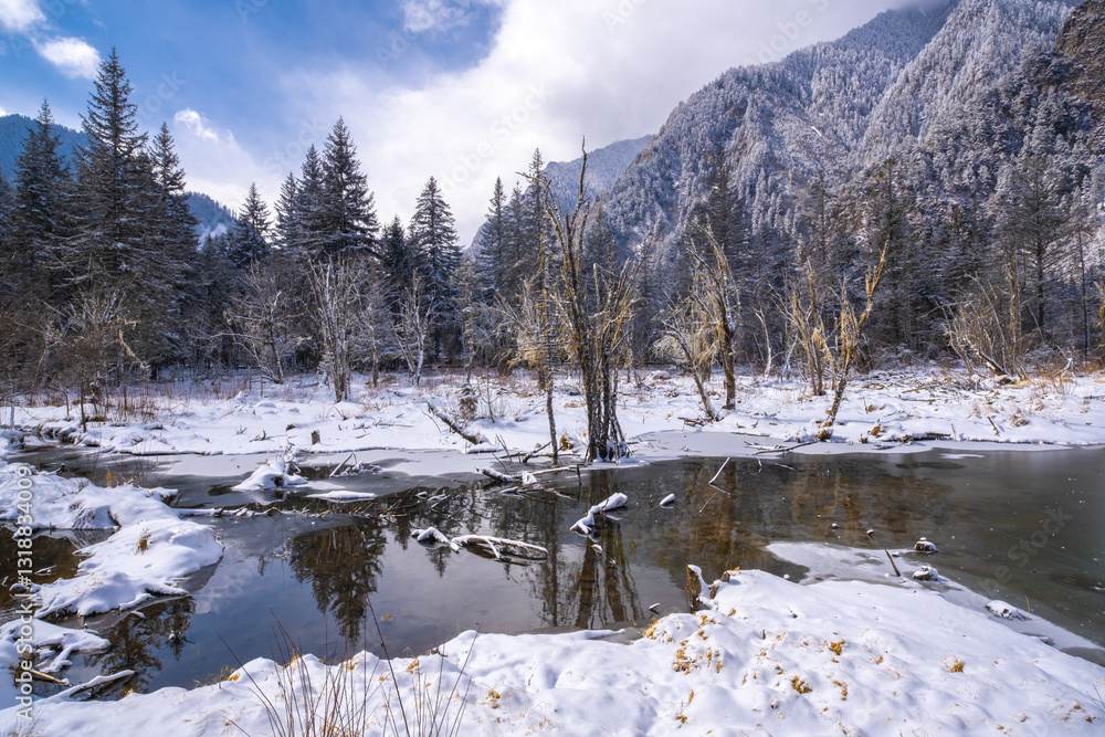 Bipenggou National Park in Sichuan China, is a natural reserve blessed with typical alpine views, including virgin forest, plateau lakes, glaciers, snow mountains, tinkling streams and waterfalls
