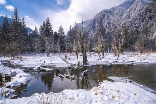Obraz na płótnie Bipenggou National Park in Sichuan China, is a natural reserve blessed with typical alpine views, including virgin forest, plateau lakes, glaciers, snow mountains, tinkling streams and waterfalls w salonie