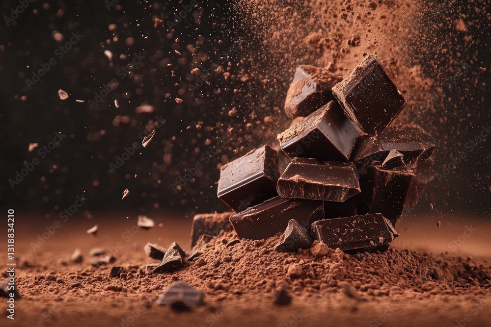 Fototapeta premium A burst of dark chocolate in the air, creating a dramatic cloud of cocoa powder and chunky pieces of luxurious chocolate scattering around