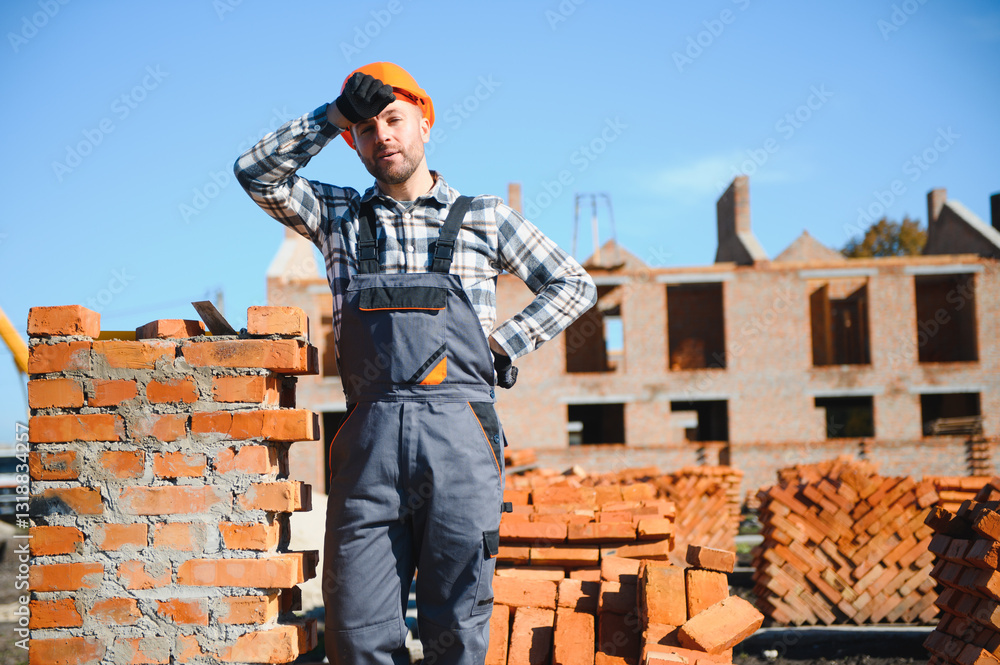 Installing brick wall. Construction worker in uniform and safety equipment have job on building Installing brick wall. Construction worker in uniform and safety equipment have job on building