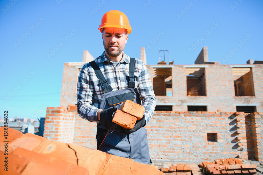 Young adult man builder working at object carrying bricks at construction site Young adult man builder working at object carrying bricks at construction site