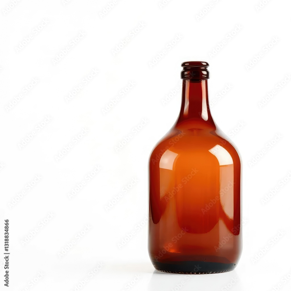 Brown glass bottle isolated against white background with slight reflections and glints, empty, isolation, glint Brown glass bottle isolated against white background with slight reflections and glints, empty, isolation, glint