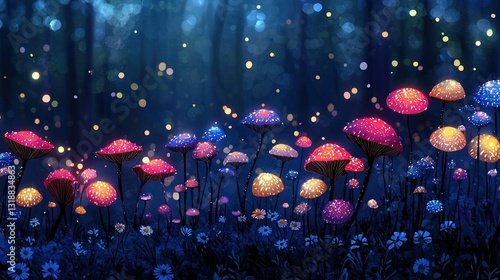 Wallpaper Mural   A painting of mushrooms in a forest with blue and pink flowers and glowing lights in the background Torontodigital.ca