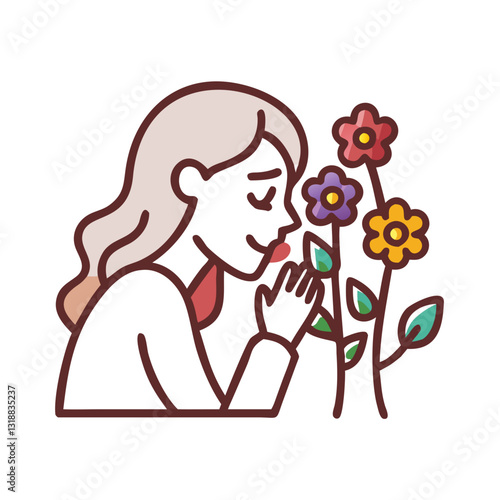 Illustration of a woman admiring flowers with a serene expression