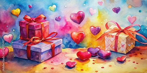 High-resolution macro watercolor clipart: Valentine hearts and gifts, perfect for romantic projects.