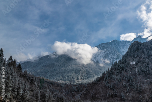 Obraz na płótnie Bipenggou National Park in Sichuan China, is a natural reserve blessed with typical alpine views, including virgin forest, plateau lakes, glaciers, snow mountains, tinkling streams and waterfalls w salonie