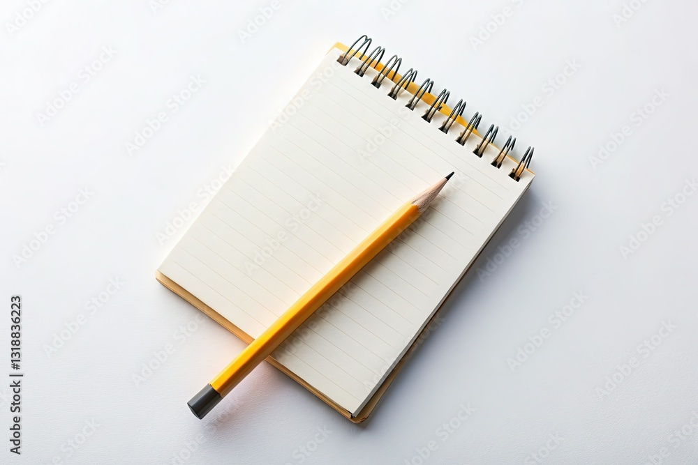 High-res photo of a realistic pencil on a blank notepad, showcasing paper texture against a white background. High-res photo of a realistic pencil on a blank notepad, showcasing paper texture against a white background.