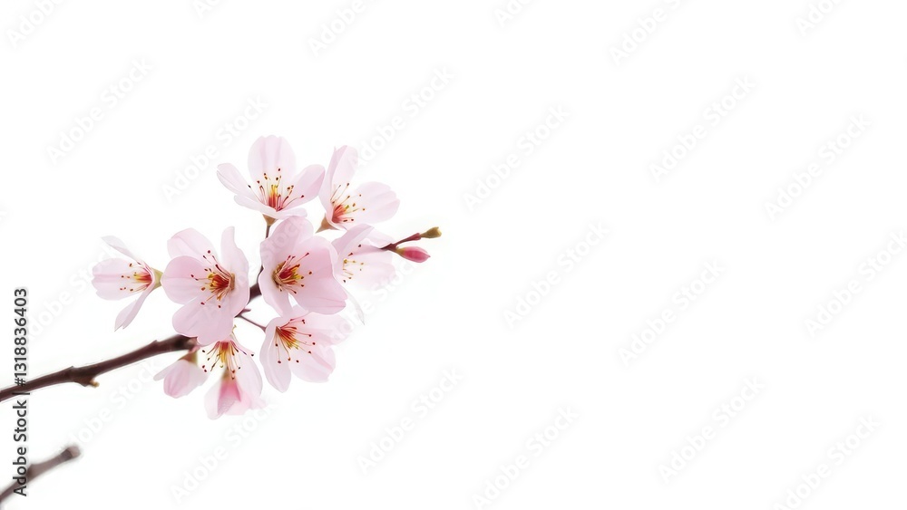A single cherry blossom branch with delicate pink petals against a white background, minimalism, flowers, simple yet elegant A single cherry blossom branch with delicate pink petals against a white background, minimalism, flowers, simple yet elegant