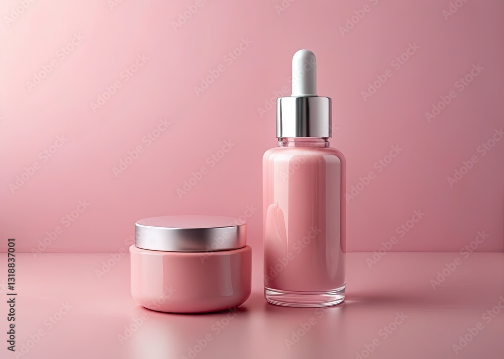 Indulge in our pastel pink skincare set: dropper bottle, cream jar, and more, for a radiant complexion. Indulge in our pastel pink skincare set: dropper bottle, cream jar, and more, for a radiant complexion.
