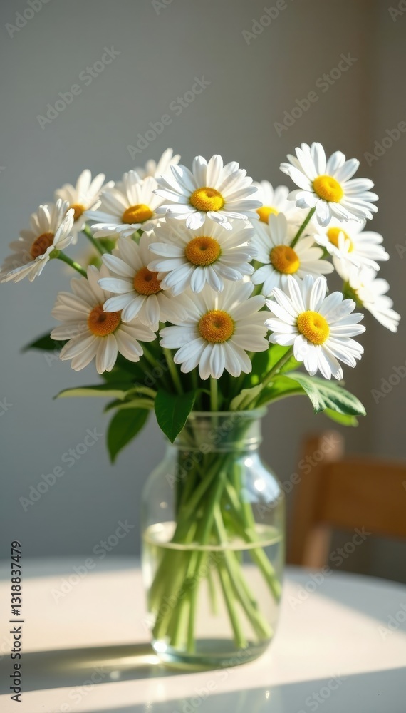 A bouquet of fresh daisies in a vase on a table, fresh, flowers, cheerful A bouquet of fresh daisies in a vase on a table, fresh, flowers, cheerful