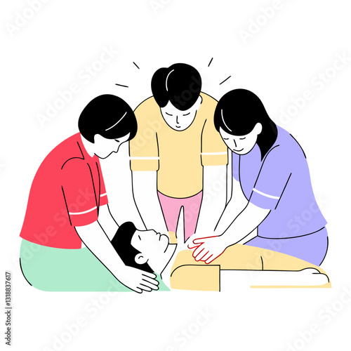 Illustration of a group of people assisting an unconscious person, performing first aid or CPR. Perfect for emergency response, healthcare, and lifesaving concepts.