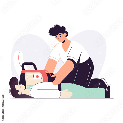 Illustration of a man using an AED (automated external defibrillator) on an unconscious woman. Ideal for first aid training, emergency response, and medical assistance.