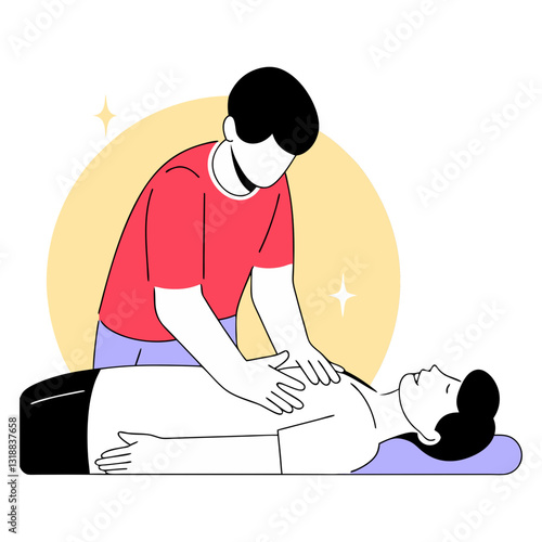 Illustration of a man performing CPR on an unconscious person. Ideal for first aid training, emergency response, medical assistance, and healthcare concepts.