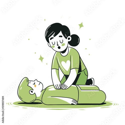 Illustration of a woman performing CPR on an unconscious person. Perfect for first aid, emergency response, medical training, and healthcare concepts.