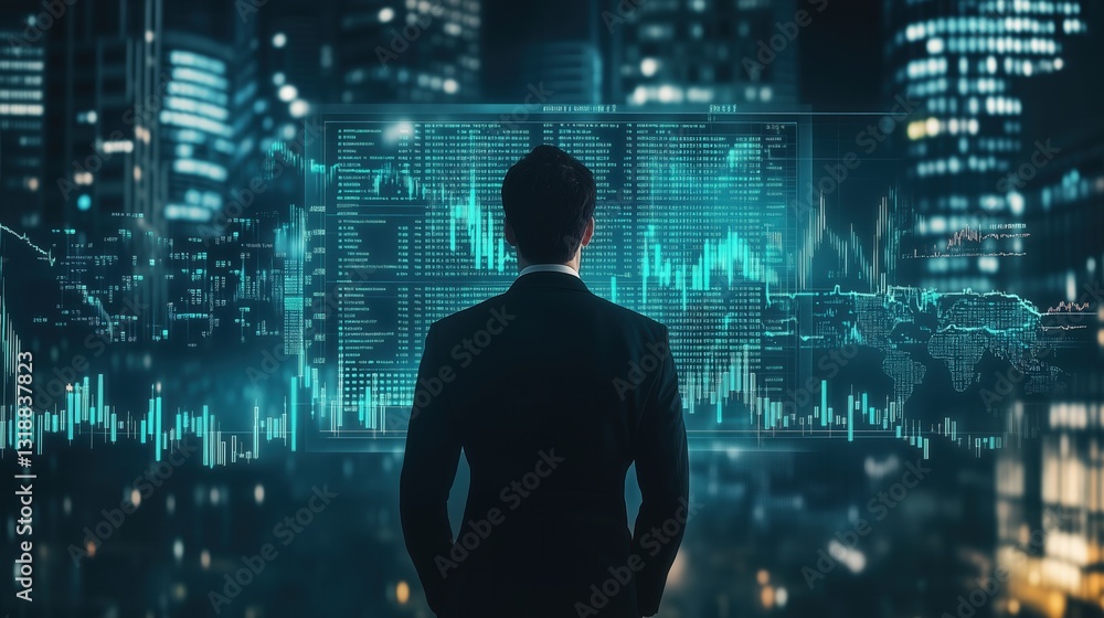 A business analyst analyzes digital data trends symbolizing economic success and financial growth A business analyst analyzes digital data trends symbolizing economic success and financial growth