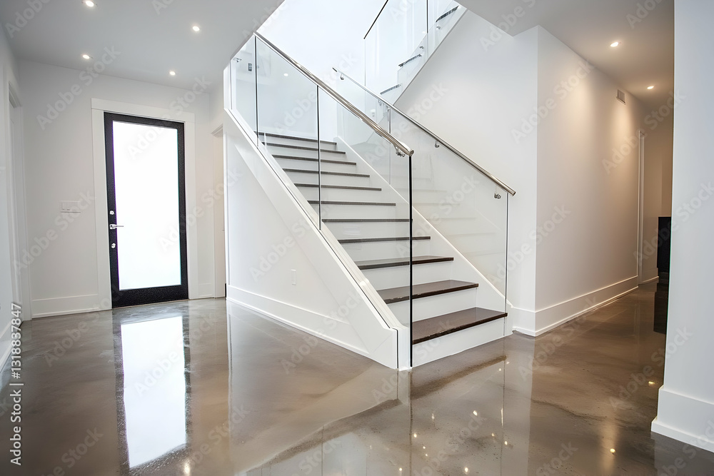 Bright White Entryway with Glass Rail Staircase and Smooth Concrete Floors. Bright White Entryway with Glass Rail Staircase and Smooth Concrete Floors.