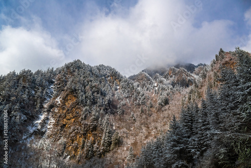 Bipenggou National Park in Sichuan China, is a natural reserve blessed with typical alpine views, including virgin forest, plateau lakes, glaciers, snow mountains, tinkling streams and waterfalls photo