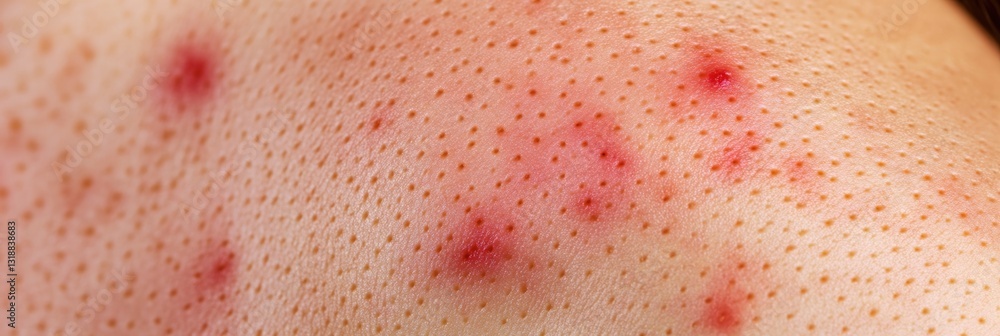 Fototapeta premium A close-up image of an adult's skin showing red bumps, indicative of an inflammatory skin condition like acne.