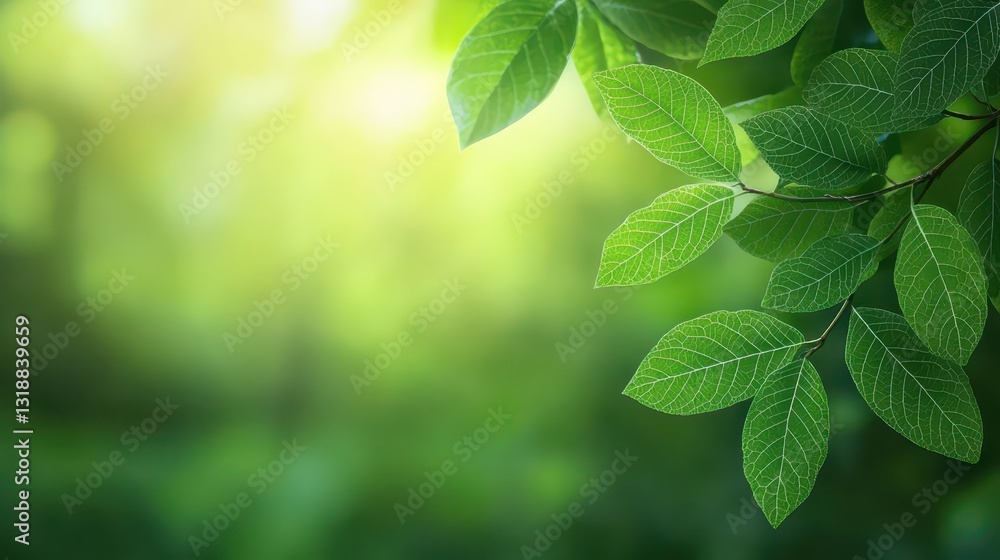Lush green leaves illuminated by soft sunlight Lush green leaves illuminated by soft sunlight