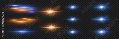 Set of light flashes and stars. Sparkles of light and glare of lines. On a transparent background.