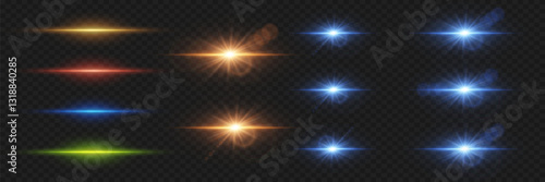Set of light flashes and stars. Sparkles of light and glare of lines. On a transparent background.