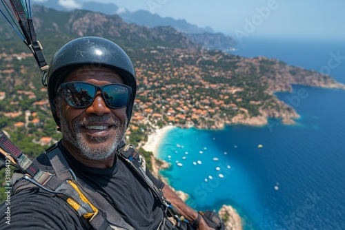 Exciting paragliding adventure over stunning coastal landscape in summer