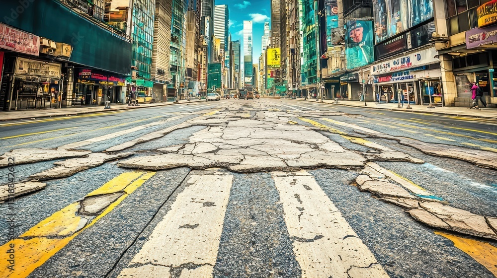 Fototapeta premium Devastating earthquake aftermath times square urban destruction cityscape ground-level resilience and recovery