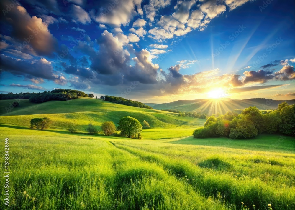 Obraz premium Peaceful skies arch over serene meadows, rolling hills bathed in sunlight, vibrant green grass stretches endlessly.