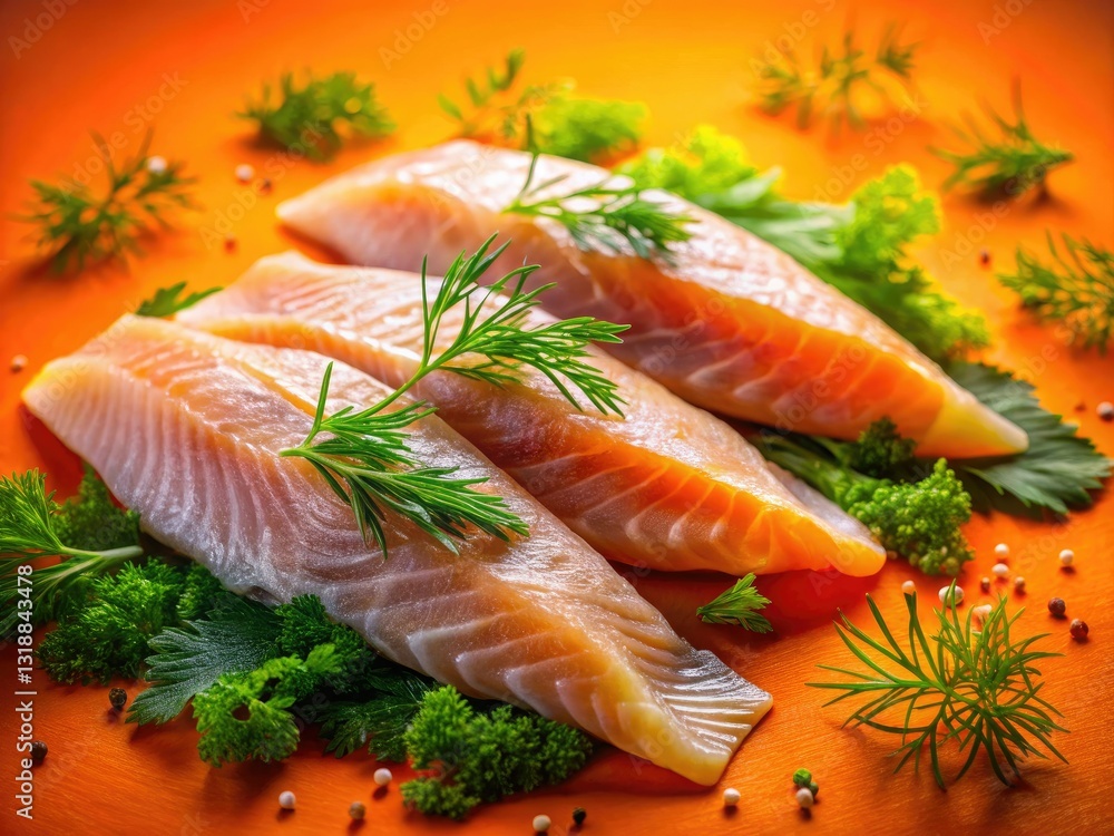 Raw navaga fillets, vibrant orange backdrop; a documentary-style seafood image. Raw navaga fillets, vibrant orange backdrop; a documentary-style seafood image.