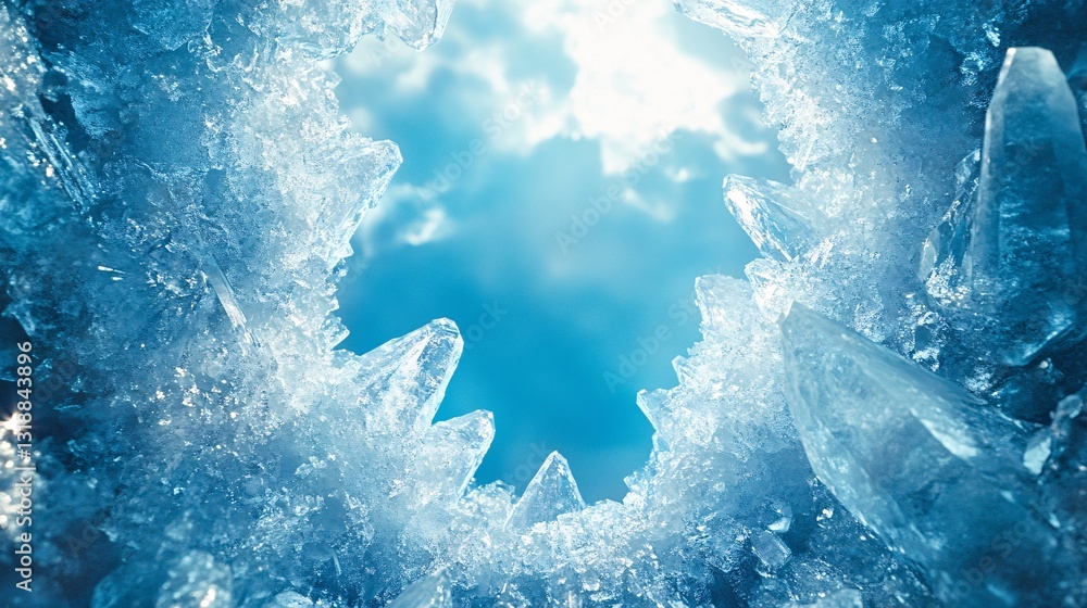 Crystal formations encircle a view of a vibrant cloudy sky Crystal formations encircle a view of a vibrant cloudy sky