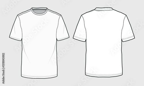 Short sleeve T shirt Technical Fashion flat sketch vector illustration template front and back views. Clothing design mock up for men's isolated on grey background.
