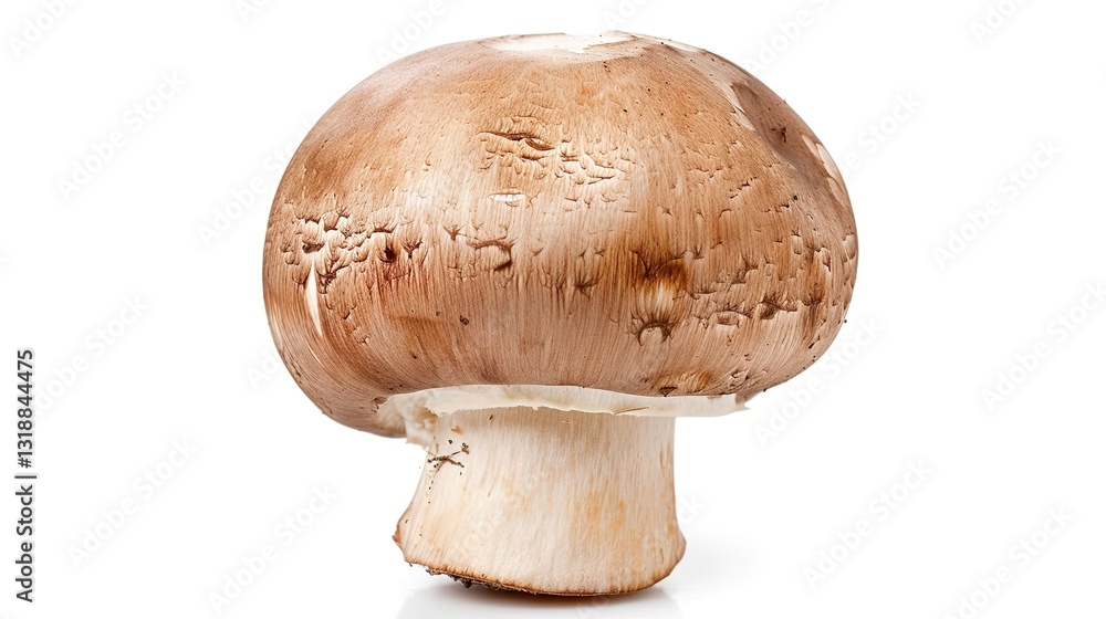 A champignon and a mushroom are isolated on a clean white background with a clipping path applied. The image showcases a full depth of field, highlighting the detailed texture and shape of these fungi A champignon and a mushroom are isolated on a clean white background with a clipping path applied. The image showcases a full depth of field, highlighting the detailed texture and shape of these fungi