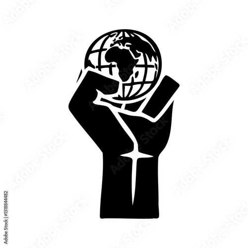 Raised fist holding globe symbolizing global power