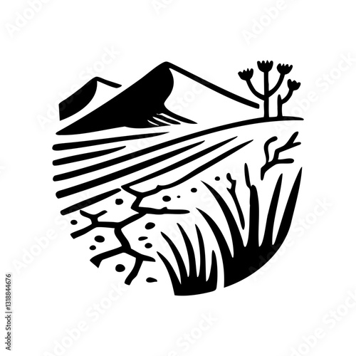 Drought landscape with cracked ground and dry plants