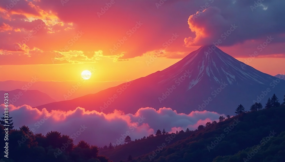 Fototapeta premium Vibrant sunset over distant mountain range with billowing clouds, sky, scenic, mountain