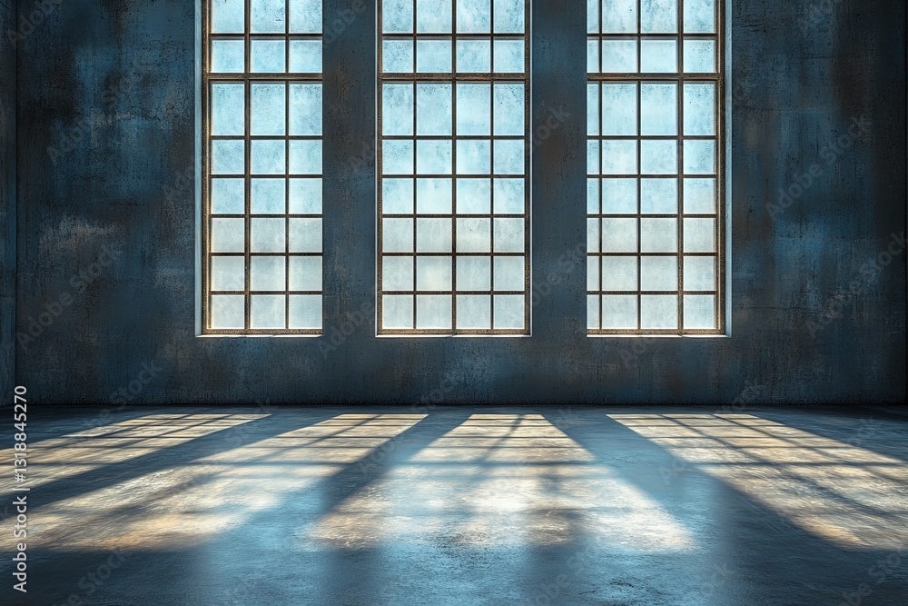 Expansive windows illuminating an empty industrial space during daytime Expansive windows illuminating an empty industrial space during daytime