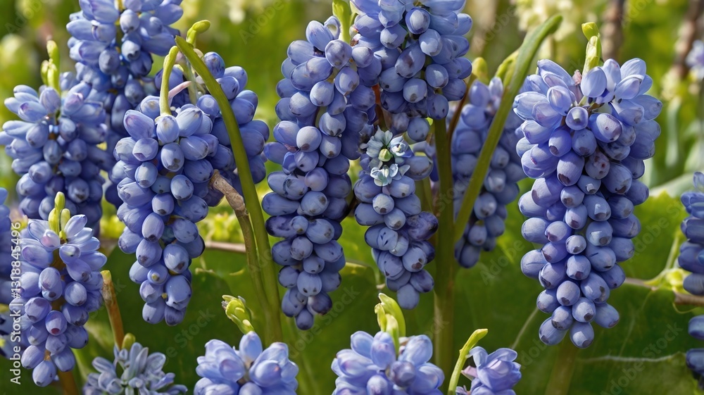 Early spring blossom of blue grapes hyacinth Muscari aucheri Blue Magic or Ocean in gargen Early spring blossom of blue grapes hyacinth Muscari aucheri Blue Magic or Ocean in gargen