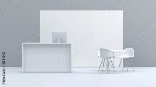 set of realistic trade exhibition chair and table or white blank exhibition kiosk or stand booth corporate commercial. 3D Render