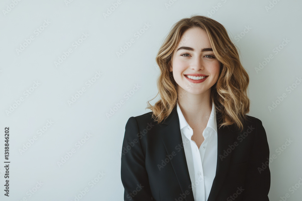 A confident young woman in a professional black suit smiles warmly against a minimalist light background, embodying success and approachability in a corporate setting A confident young woman in a professional black suit smiles warmly against a minimalist light background, embodying success and approachability in a corporate setting