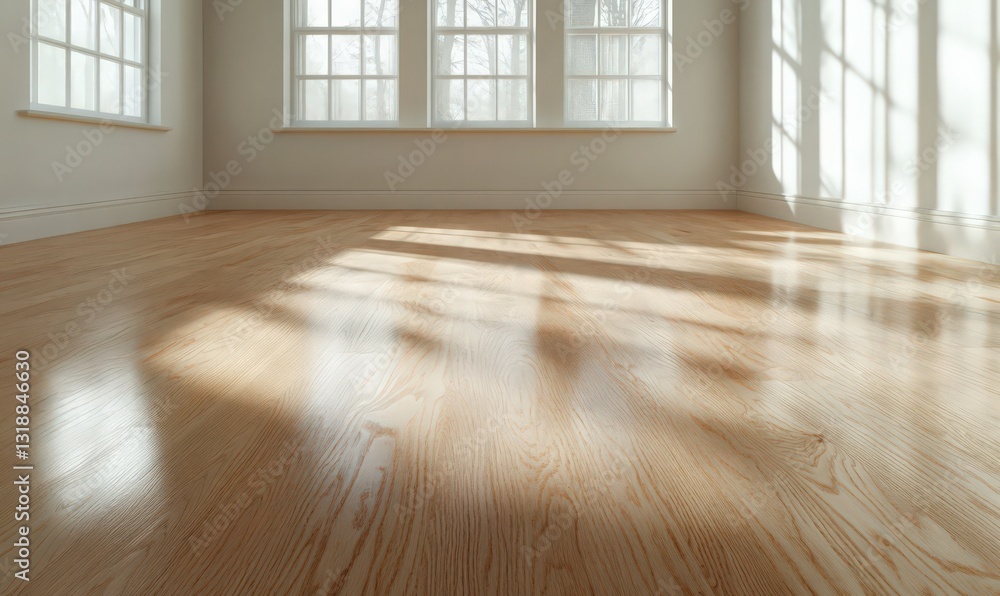 Sunlight Illuminating Light Brown Hardwood Floor in Bright Empty Room Sunlight Illuminating Light Brown Hardwood Floor in Bright Empty Room