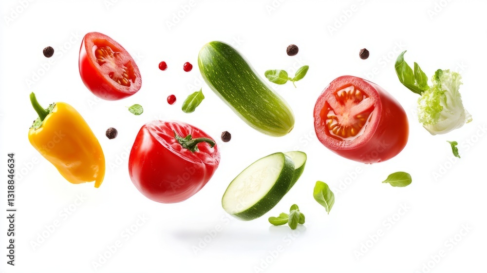 Naklejka premium Dynamic composition of fresh vegetables in mid-air featuring sliced tomatoes, bell peppers, cucumbers, and lettuce leaves floating against a clean white background, perfect for healthy food concepts, 