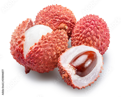 Lychee fruits and lychee peeled in half isolated on white background. File contains clipping path.