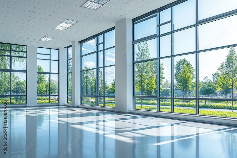 Fototapeta premium Bright and spacious interior of a modern building surrounded by greenery on a sunny day
