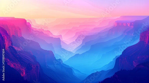 A digital illustration of a canyon landscape with a gradient sky.