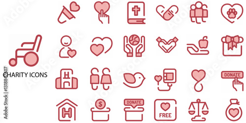 Charity simple concept 24 colour icons set. Contains such Disabled, elderly people, animals, orphans help. Charity, medical aid, land improvement, trees planting, humanitarian .Vector illustration.