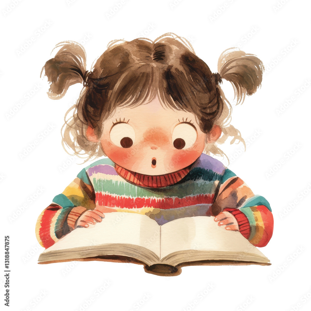 Child reading a colorful book home illustration cozy room close-up imagination and learning Child reading a colorful book home illustration cozy room close-up imagination and learning