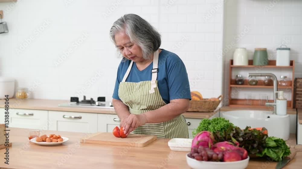 Happy Asian senior woman preparing meal in her modern kitchen Happy Asian senior woman preparing meal in her modern kitchen