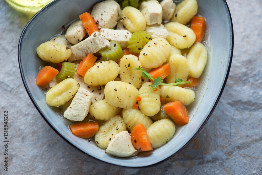 Chicken soup with potato gnocchi and vegetables in a blue bowl, horizontal shot, middle close-up Chicken soup with potato gnocchi and vegetables in a blue bowl, horizontal shot, middle close-up