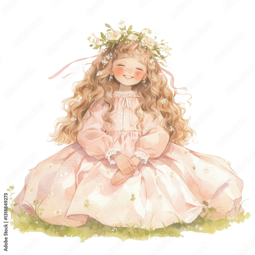Joyful girl in floral dress green meadow digital illustration whimsical close-up happiness Joyful girl in floral dress green meadow digital illustration whimsical close-up happiness
