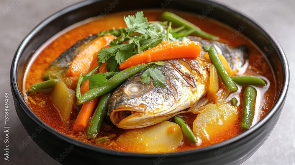 Colorful fish soup with fresh vegetables and herbs served in a black bowl, showcasing vibrant culinary presentation Colorful fish soup with fresh vegetables and herbs served in a black bowl, showcasing vibrant culinary presentation